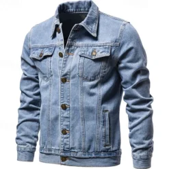 Online OUKU Men's Jean Jacket Denim Jacket Casual Daily Windbreaker Classic Style Denim Spring & Fall Fall & Winter Solid / Plain Color Casual Lapel Regular Black Dark Blue Light Blue Jacket