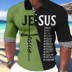 OUKU Men's Jesus Christian Hawaiian Polo Shirts Golf Shirt Long Sleeve Polo Shirts Collared Shirts Casual Beach Wear Vacation Wear Party Outfits Buttons 3D Print White Light Green Blue