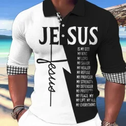 OUKU Men's Jesus Christian Hawaiian Polo Shirts Golf Shirt Long Sleeve Polo Shirts Collared Shirts Casual Beach Wear Vacation Wear Party Outfits Buttons 3D Print White Light Green Blue