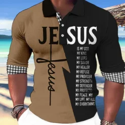 OUKU Men's Jesus Christian Hawaiian Polo Shirts Golf Shirt Long Sleeve Polo Shirts Collared Shirts Casual Beach Wear Vacation Wear Party Outfits Buttons 3D Print White Light Green Blue