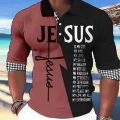 OUKU Men's Jesus Christian Hawaiian Polo Shirts Golf Shirt Long Sleeve Polo Shirts Collared Shirts Casual Beach Wear Vacation Wear Party Outfits Buttons 3D Print White Light Green Blue