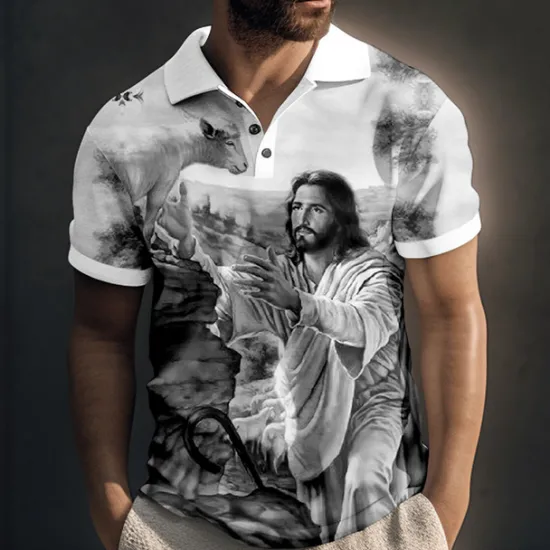 Outlet OUKU Men's Jesus Christian Polo Shirts Golf Shirt Short Sleeve Polo Shirts Collared Shirts Vintage Casual Vacation Wear Festival Wear Party Outfits Buttons 3D Print Yellow Blue Green