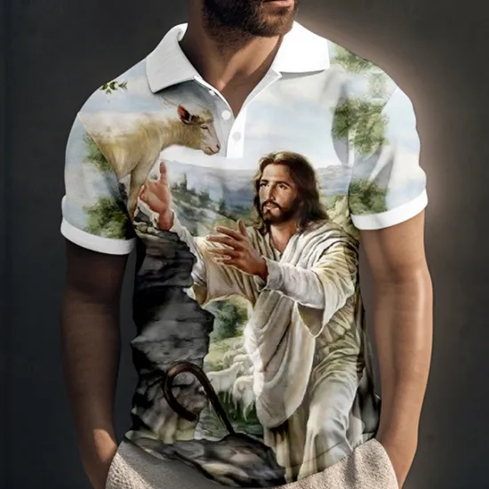 Outlet OUKU Men's Jesus Christian Polo Shirts Golf Shirt Short Sleeve Polo Shirts Collared Shirts Vintage Casual Vacation Wear Festival Wear Party Outfits Buttons 3D Print Yellow Blue Green