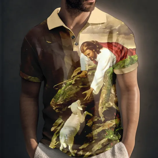 Outlet OUKU Men's Jesus Christian Polo Shirts Golf Shirt Short Sleeve Polo Shirts Collared Shirts Vintage Casual Vacation Wear Festival Wear Party Outfits Buttons 3D Print Yellow Blue Green