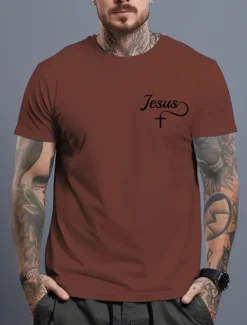 Outlet OUKU Men's Jesus T Shirt Tee Top Cotton Short Sleeve Graphic Shirt Black White Burgundy Comfortable Tee Sports Outdoor Holiday Fashion Designer Clothing