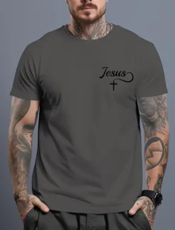 Outlet OUKU Men's Jesus T Shirt Tee Top Cotton Short Sleeve Graphic Shirt Black White Burgundy Comfortable Tee Sports Outdoor Holiday Fashion Designer Clothing