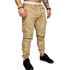 Online OUKU Men's Joggers Cargo Pants Drawstring Beam Foot Bottoms Outdoor Street Cotton Breathable Soft Fitness Gym Workout Performance Sportswear Activewear Solid Colored Dark Grey White Black / Stretchy