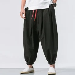 Outlet OUKU Men's Joggers Linen Pants Trousers Summer Pants Beach Pants Drawstring Elastic Waist Drop Crotch Plain Daily Gym Streetwear Casual Hip-Hop Loose Fit Black White