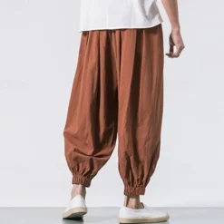 Outlet OUKU Men's Joggers Linen Pants Trousers Summer Pants Beach Pants Drawstring Elastic Waist Drop Crotch Plain Daily Gym Streetwear Casual Hip-Hop Loose Fit Black White