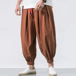 Outlet OUKU Men's Joggers Linen Pants Trousers Summer Pants Beach Pants Drawstring Elastic Waist Drop Crotch Plain Daily Gym Streetwear Casual Hip-Hop Loose Fit Black White