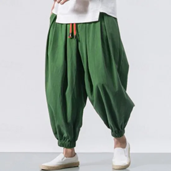 Outlet OUKU Men's Joggers Linen Pants Trousers Summer Pants Beach Pants Drawstring Elastic Waist Drop Crotch Plain Daily Gym Streetwear Casual Hip-Hop Loose Fit Black White