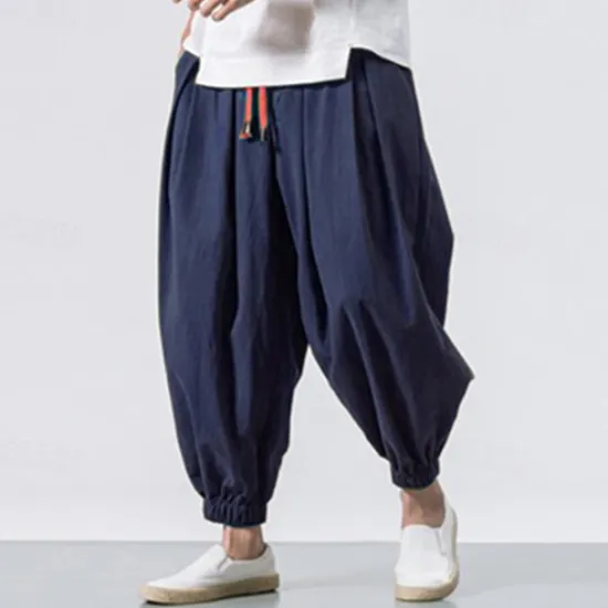 Outlet OUKU Men's Joggers Linen Pants Trousers Summer Pants Beach Pants Drawstring Elastic Waist Drop Crotch Plain Daily Gym Streetwear Casual Hip-Hop Loose Fit Black White