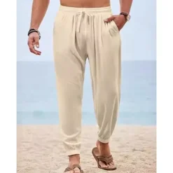 Discount OUKU Men's Joggers Linen Pants Trousers Summer Pants Beach Pants Drawstring Elastic Waist Plain Comfort Breathable Full Length Outdoor Daily Holiday Vacation Fashion Black White