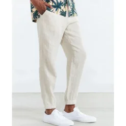 Clearance OUKU Men's Joggers Linen Pants Trousers Summer Pants Casual Pants Pocket Drawstring Elastic Waist Plain Comfort Breathable Home Daily Holiday Basic Casual Black White Inelastic