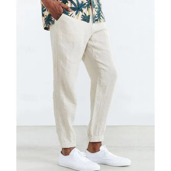 Clearance OUKU Men's Joggers Linen Pants Trousers Summer Pants Casual Pants Pocket Drawstring Elastic Waist Plain Comfort Breathable Home Daily Holiday Basic Casual Black White Inelastic