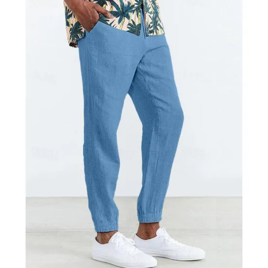 Clearance OUKU Men's Joggers Linen Pants Trousers Summer Pants Casual Pants Pocket Drawstring Elastic Waist Plain Comfort Breathable Home Daily Holiday Basic Casual Black White Inelastic