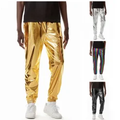 OUKU Men's Joggers Trousers Casual Pants Sequin Pants Drawstring Elastic Waist Shiny Metallic Solid Color Full Length Club Nightclub Disco Lights Casual Trousers Loose Fit Silver Black Micro-elastic