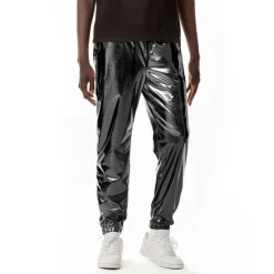 OUKU Men's Joggers Trousers Casual Pants Sequin Pants Drawstring Elastic Waist Shiny Metallic Solid Color Full Length Club Nightclub Disco Lights Casual Trousers Loose Fit Silver Black Micro-elastic
