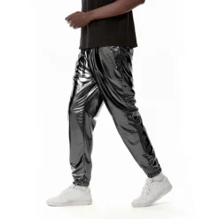 OUKU Men's Joggers Trousers Casual Pants Sequin Pants Drawstring Elastic Waist Shiny Metallic Solid Color Full Length Club Nightclub Disco Lights Casual Trousers Loose Fit Silver Black Micro-elastic