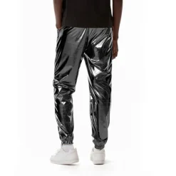 OUKU Men's Joggers Trousers Casual Pants Sequin Pants Drawstring Elastic Waist Shiny Metallic Solid Color Full Length Club Nightclub Disco Lights Casual Trousers Loose Fit Silver Black Micro-elastic