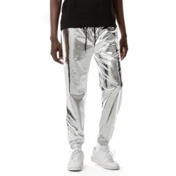 OUKU Men's Joggers Trousers Casual Pants Sequin Pants Drawstring Elastic Waist Shiny Metallic Solid Color Full Length Club Nightclub Disco Lights Casual Trousers Loose Fit Silver Black Micro-elastic