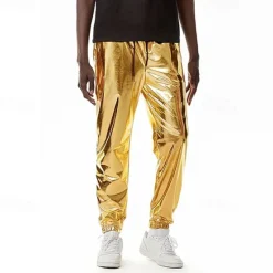Hot OUKU Men's Joggers Trousers Casual Pants Sequin Pants Drawstring Elastic Waist Shiny Metallic Solid Color Full Length Club Nightclub Disco Lights Casual Trousers Loose Fit Silver Black Micro-elastic