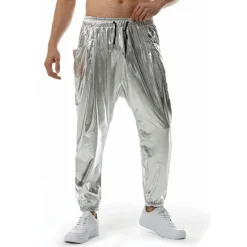 Online OUKU Men's Joggers Trousers Casual Pants Sequin Pants Elastic Waist Elastic Cuff Solid Colored Windproof Breathable Full Length Casual Clubwear Athleisure Loose Fit Silver Gold Micro-elastic