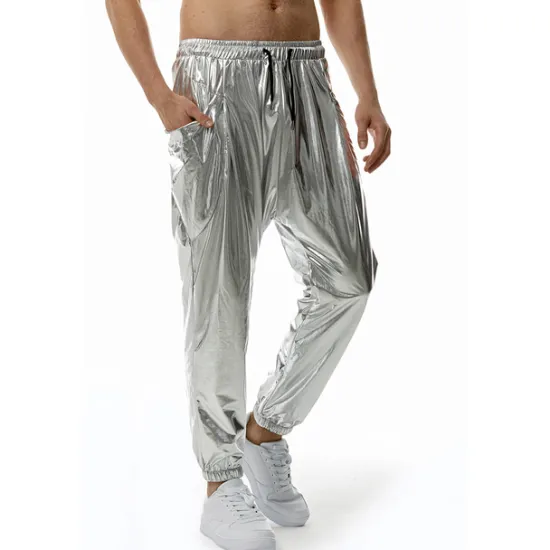 Online OUKU Men's Joggers Trousers Casual Pants Sequin Pants Elastic Waist Elastic Cuff Solid Colored Windproof Breathable Full Length Casual Clubwear Athleisure Loose Fit Silver Gold Micro-elastic