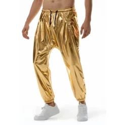 Online OUKU Men's Joggers Trousers Casual Pants Sequin Pants Elastic Waist Elastic Cuff Solid Colored Windproof Breathable Full Length Casual Clubwear Athleisure Loose Fit Silver Gold Micro-elastic