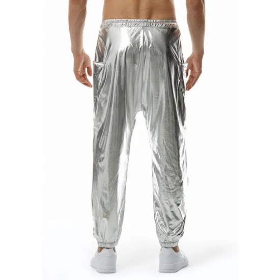 Online OUKU Men's Joggers Trousers Casual Pants Sequin Pants Elastic Waist Elastic Cuff Solid Colored Windproof Breathable Full Length Casual Clubwear Athleisure Loose Fit Silver Gold Micro-elastic