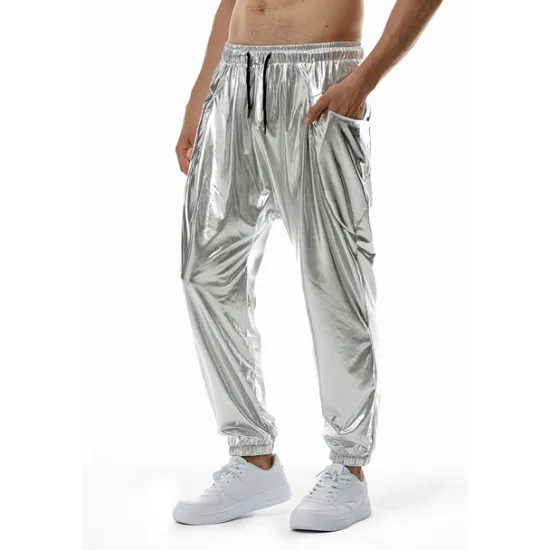 Online OUKU Men's Joggers Trousers Casual Pants Sequin Pants Elastic Waist Elastic Cuff Solid Colored Windproof Breathable Full Length Casual Clubwear Athleisure Loose Fit Silver Gold Micro-elastic