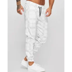 Outlet OUKU Men's Joggers Trousers Casual Pants Plaid Drawstring Trousers Elastic Waist Print Plaid Geometry Outdoor Sports Full Length Formal Sports Outdoor Streetwear Casual Black White Micro-elastic