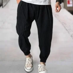 Hot OUKU Men's Joggers Trousers Casual Pants Pocket Drawstring Elastic Waist Striped Comfort Sports Outdoor Daily Fashion Casual Black Navy Blue Micro-elastic
