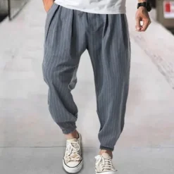 Hot OUKU Men's Joggers Trousers Casual Pants Pocket Drawstring Elastic Waist Striped Comfort Sports Outdoor Daily Fashion Casual Black Navy Blue Micro-elastic