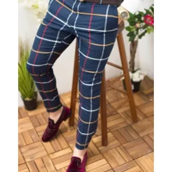 Best OUKU Men's Joggers Trousers Chinos Chino Pants Plaid Dress Pants Pocket Plaid Comfort Breathable Daily Holiday Going out Streetwear Stylish White & Blue Blue
