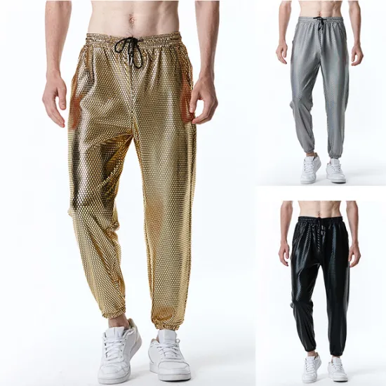 Clearance OUKU Men's Joggers Trousers Chinos Casual Pants Sequin Pants Drawstring Elastic Waist Shiny Metallic Solid Color Nightclub Disco Lights Casual Hip Hop Silver Black