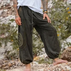 OUKU Men's Joggers Trousers Summer Pants Baggy Pants Beach Pants Drawstring Elastic Waist Drop Crotch Plain Comfort Breathable Full Length Outdoor Casual Holiday Ethnic Style Retro Vintage Green