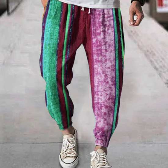 New OUKU Men's Joggers Trousers Summer Pants Beach Pants Drawstring Elastic Waist Graphic Stripe Comfort Breathable Daily Beach Fashion Simple Purple Green Micro-elastic