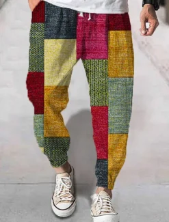 New OUKU Men's Joggers Trousers Summer Pants Beach Pants Drawstring Elastic Waist 3D Print Color Block Graphic Prints Geometry Comfort Breathable Sports Outdoor Casual Daily Streetwear Designer Yellow Green