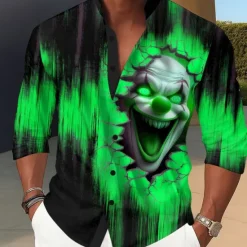 New OUKU Men's Joker Clown Ripped Shirt Stand Collar Shirt Long Sleeve Dark Punk Gothic Style Holiday Spring Fall Mandarin Collar Band Collar 3D Print Button Up Shirts Blue Orange Green