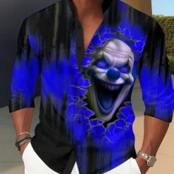 New OUKU Men's Joker Clown Ripped Shirt Stand Collar Shirt Long Sleeve Dark Punk Gothic Style Holiday Spring Fall Mandarin Collar Band Collar 3D Print Button Up Shirts Blue Orange Green