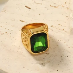 Discount OUKU men's 14k yellow gold plated emerald cut simulated red ruby nugget style ring size 9 Golden + Emerald