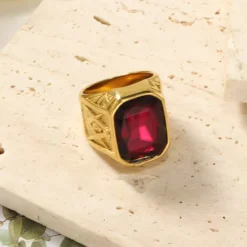 Discount OUKU men's 14k yellow gold plated emerald cut simulated red ruby nugget style ring size 9 Golden + Emerald