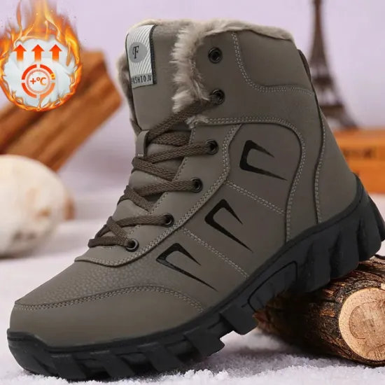 Hot OUKU Men's Khaki Winter Hiking Boots – Fur-Lined Warm Outdoor Boots with Durable Non-Slip Sole for Cold Weather