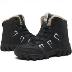 Hot OUKU Men's Khaki Winter Hiking Boots – Fur-Lined Warm Outdoor Boots with Durable Non-Slip Sole for Cold Weather