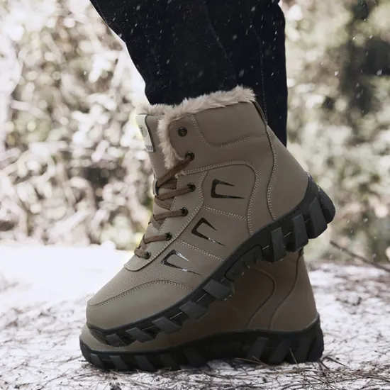 Hot OUKU Men's Khaki Winter Hiking Boots – Fur-Lined Warm Outdoor Boots with Durable Non-Slip Sole for Cold Weather