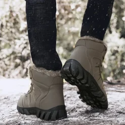 Hot OUKU Men's Khaki Winter Hiking Boots – Fur-Lined Warm Outdoor Boots with Durable Non-Slip Sole for Cold Weather