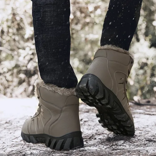 Hot OUKU Men's Khaki Winter Hiking Boots – Fur-Lined Warm Outdoor Boots with Durable Non-Slip Sole for Cold Weather