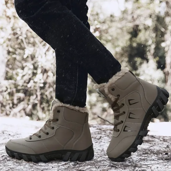 Hot OUKU Men's Khaki Winter Hiking Boots – Fur-Lined Warm Outdoor Boots with Durable Non-Slip Sole for Cold Weather