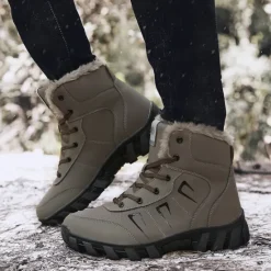 Hot OUKU Men's Khaki Winter Hiking Boots – Fur-Lined Warm Outdoor Boots with Durable Non-Slip Sole for Cold Weather